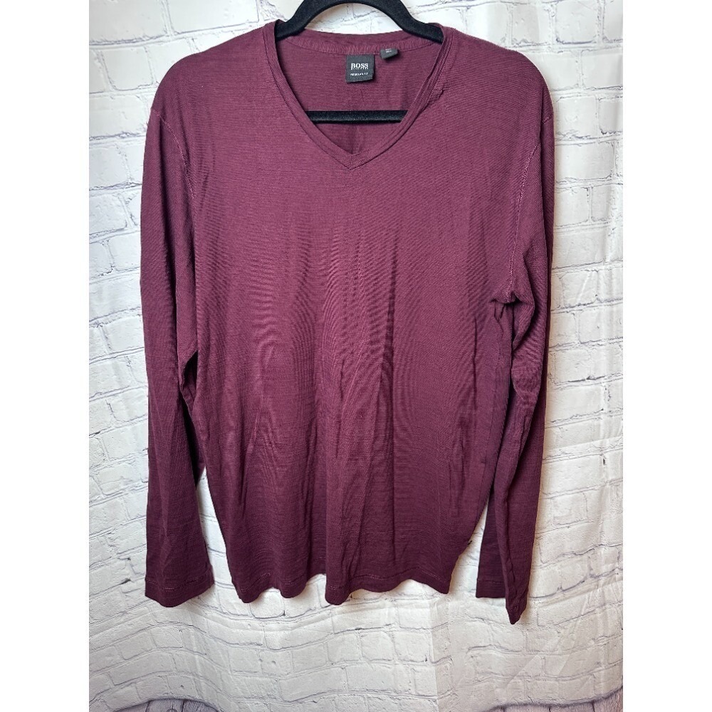 Hugo Boss Regular Fit V-Neck Long Sleeve Casual Top Burgundy Size Unknown